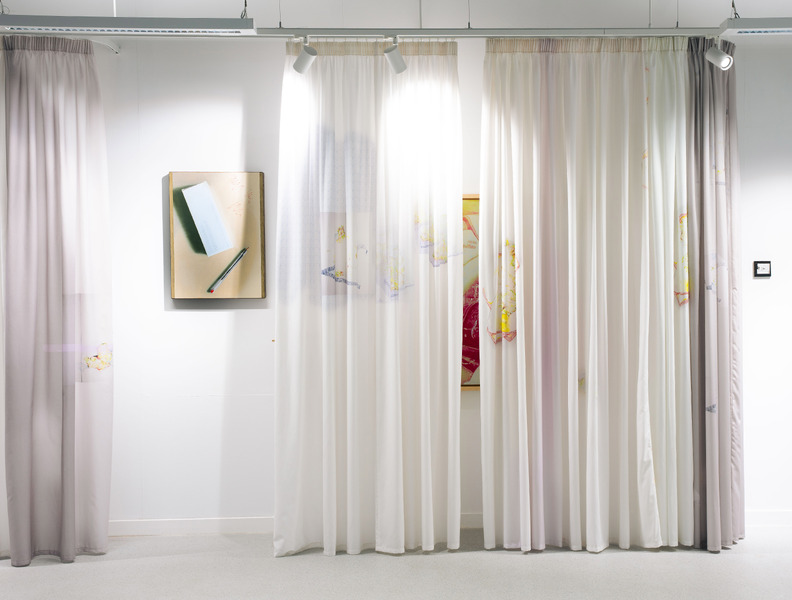 Detail image of Exquisite, Imaginary Cure (curtain) 2025. Also visible: Research by Alex Veness