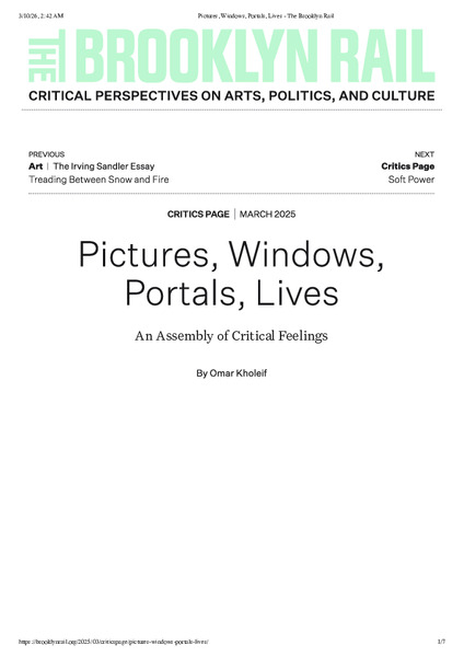 Pictures, Windows, Portals, Lives: An Assembly of Critical Feelings
