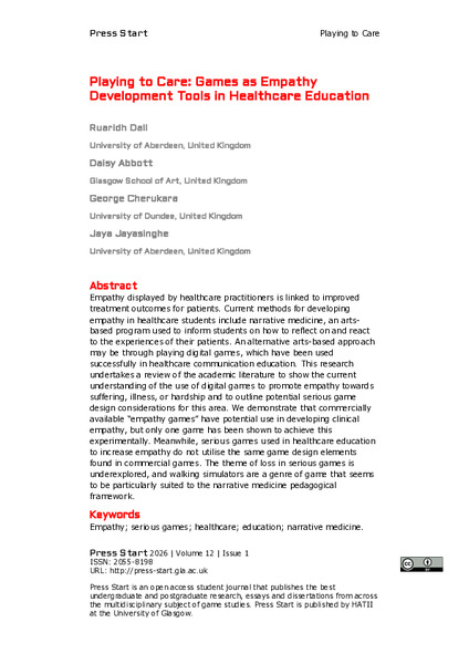 Playing to Care: Games as Empathy  Development Tools in Healthcare Education
