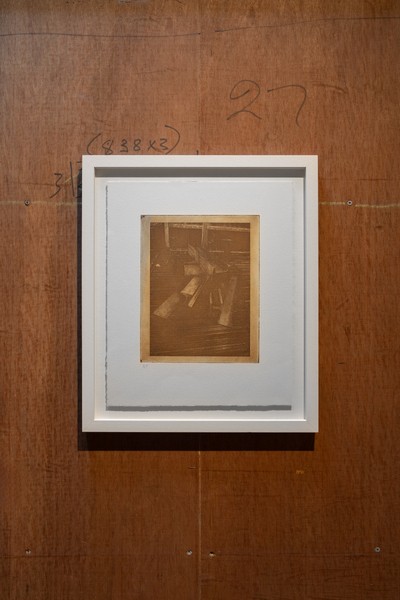 Paul’s Turn (2025) photoetching printed with rust from Paul’s Turn (1971) by Anthony Caro. Print is made from photograph of small model made in case room using print furniture ‘I’ beams used for spacing text on print bed. Edition of 2
