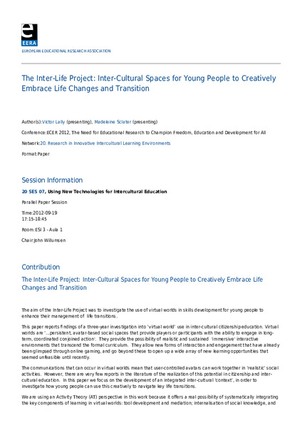 The Inter-Life project: inter-cultural spaces for young people to creatively embrace life changes and transition