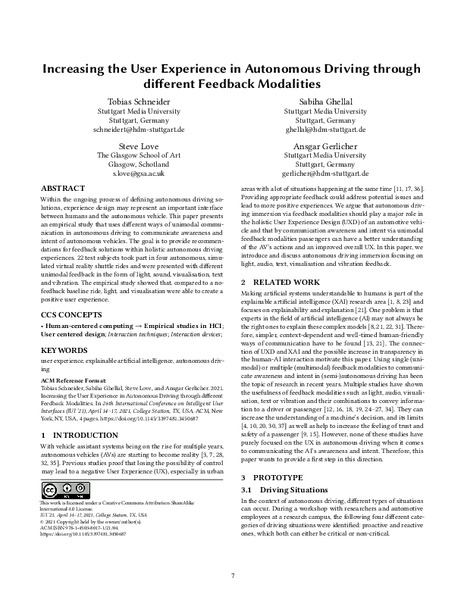 Increasing the User Experience in Autonomous Driving through different Feedback Modalities