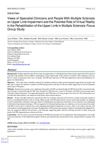 Views of Specialist Clinicians and People With Multiple Sclerosis
on Upper Limb Impairment and the Potential Role of Virtual Reality
in the Rehabilitation of the Upper Limb in Multiple Sclerosis: Focus
Group Study